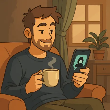 Bărbat cu barbă stând confortabil într-un fotoliu, ținând o cană de cafea aburindă într-o mână și un smartphone în cealaltă. Zâmbește uitându-se la ecran, unde apare o siluetă anonimă. Atmosfera interioară este caldă, cu o plantă, un draperie și o fereastră în fundal