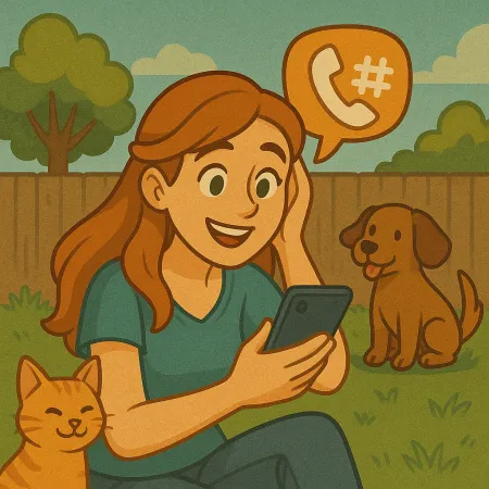 Femeie roșcată așezată pe iarbă într-o grădină, zâmbind în timp ce se uită la smartphone-ul ei. O pisică portocalie este ghemuită lângă ea și un câine brun stă aproape. O bulă de dialog conținând o pictogramă de telefon și un hashtag plutește deasupra ei, sugerând o conversație telefonică.
