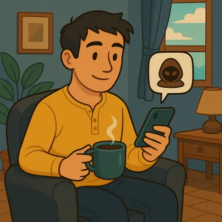 Bărbat așezat confortabil într-un fotoliu, ținând o ceașcă de cafea aburindă și consultând smartphone-ul său, cu un balon de mesaj afișând o iconiță de mască anonimă sau hacker, într-un salon călduros cu fereastră, lampă și plantă