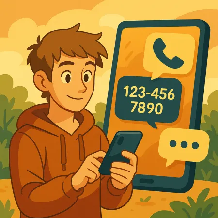 Tânăr zâmbitor în hanorac utilizând smartphone-ul său, cu un mare ecran de telefon în fundal afișând o iconiță de apel și un număr de telefon fictiv (123-456-7890), într-un decor exterior stilizat și primitor.