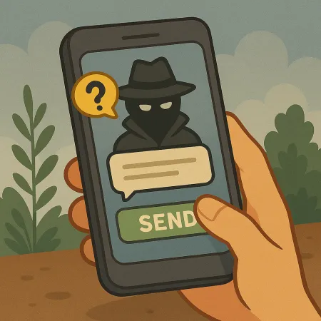O mână ținând un smartphone care afișează un personaj mascat în impermeabil și pălărie, reprezentând un expeditor anonim. O bulă de dialog cu un semn de întrebare este vizibilă, precum și un buton verde marcat 'TRIMITE', sugerând trimiterea unui mesaj anonim