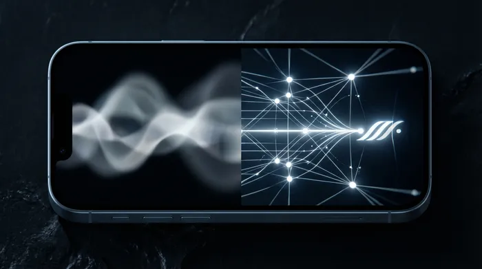 Un bărbat în costum manipulând o interfață digitală holografică cu date de rețea și adrese IP, afișată deasupra unui smartphone.