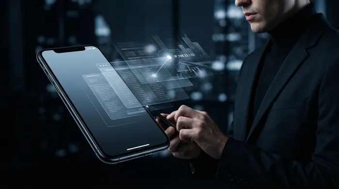 Două smartphone-uri așezate unul lângă altul pe o masă, conectate printr-o rețea digitală luminoasă, simbolizând transferul de date între dispozitive.