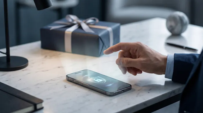 O mână ținând un smartphone care afișează o interfață de mesagerie cu elemente grafice tehnologice suprapuse, incluzând un lacăt, circuite și un număr de telefon, ilustrând securitatea mobilă și comunicațiile digitale.