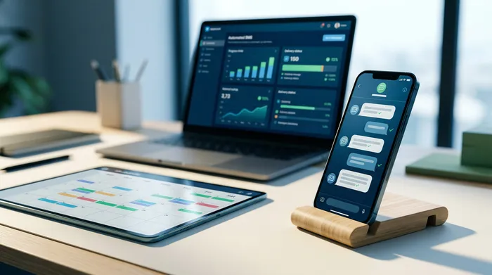 O imagine împărțită în două părți care arată un smartphone: în stânga, o interfață de mesagerie cu o opțiune de programare a trimiterii, iar în dreapta, o notificare de memento pe un birou din lemn.