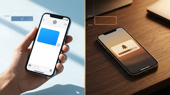 Un smartphone care afișează o aplicație de mesagerie, așezat pe tejgheaua unui salon de coafură din lemn deschis la culoare, având în fundal foarfece profesionale și produse de înfrumusețare.
