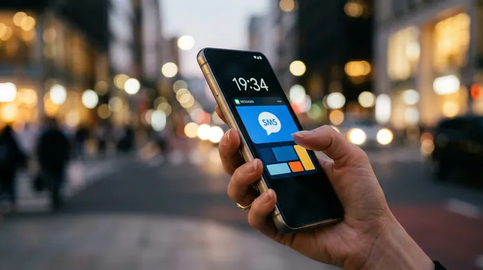 O persoană ținând un smartphone care afișează o aplicație de mesagerie, așezată la un birou cu un laptop, un carnețel de notițe și o ceașcă de cafea.