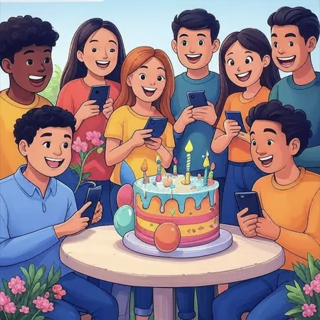 Grup de tineri zâmbitori înconjurând un tort de aniversare colorat cu lumânări, baloane și decorațiuni, ținându-și telefoanele.