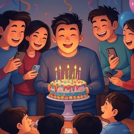 Ilustrație a unei aniversări unde un bărbat zâmbitor ține un tort decorat cu lumânări aprinse, înconjurat de prieteni și apropiați care fac poze cu telefoanele.