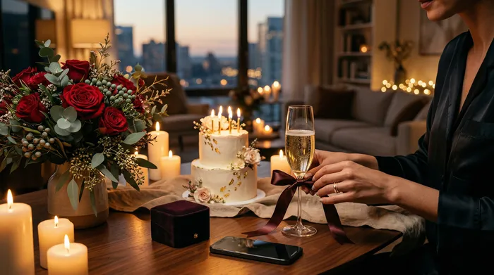 O femeie zâmbitoare așezată într-o bucătărie modernă se uită la telefonul ei mobil, în timp ce doi bărbați în fundal îi prezintă torturi de aniversare cu lumânări aprinse.