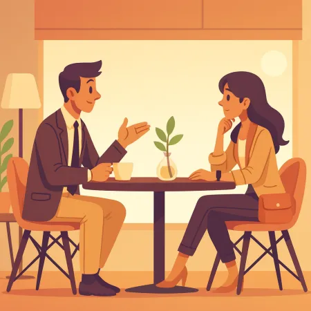 Ilustrație cu două persoane discutând față în față într-o cafenea, un bărbat în costum și o femeie îmbrăcată casual elegant, așezați la o masă cu o mică plantă în centru